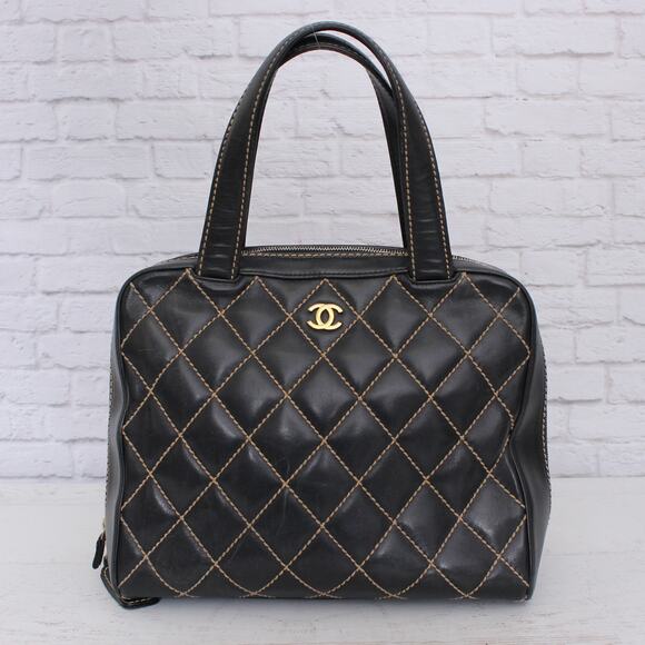 Chanel Wild Stitch Black Lambskin Leather Handbag Satchel Purse A5529 - Picture 1 of 11